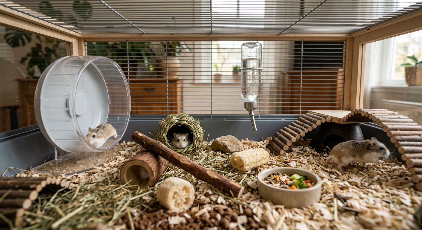 A safe hamster enclosure setup featuring a large wheel, wooden tunnels, and deep paper bedding.