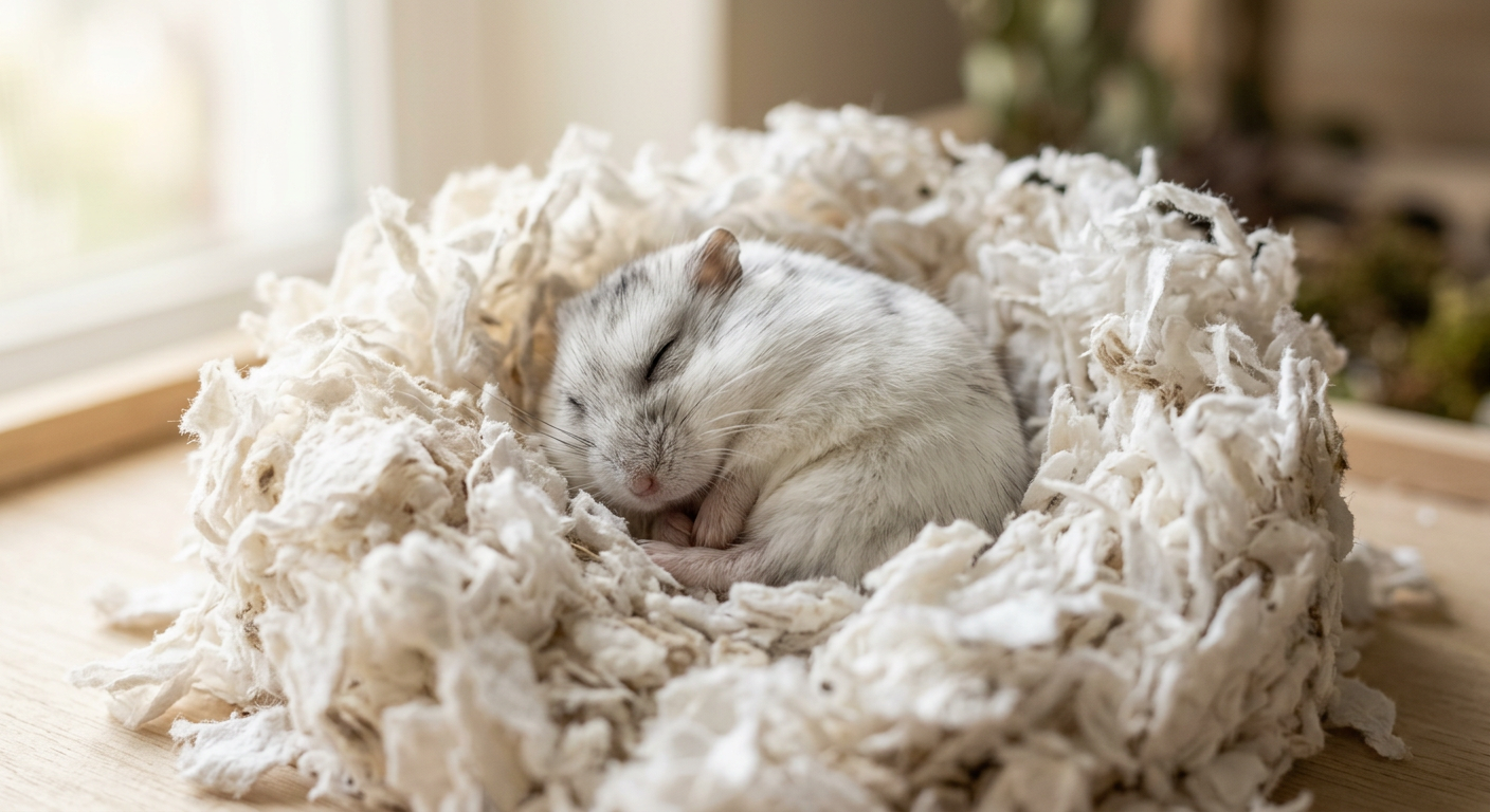 A cute dwarf hamster resting peacefully in a nest of white paper bedding after a night of exercise.
