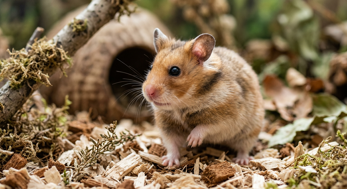 A Syrian hamster standing perfectly still on wooden bedding, ears pricked forward in a quiet room.