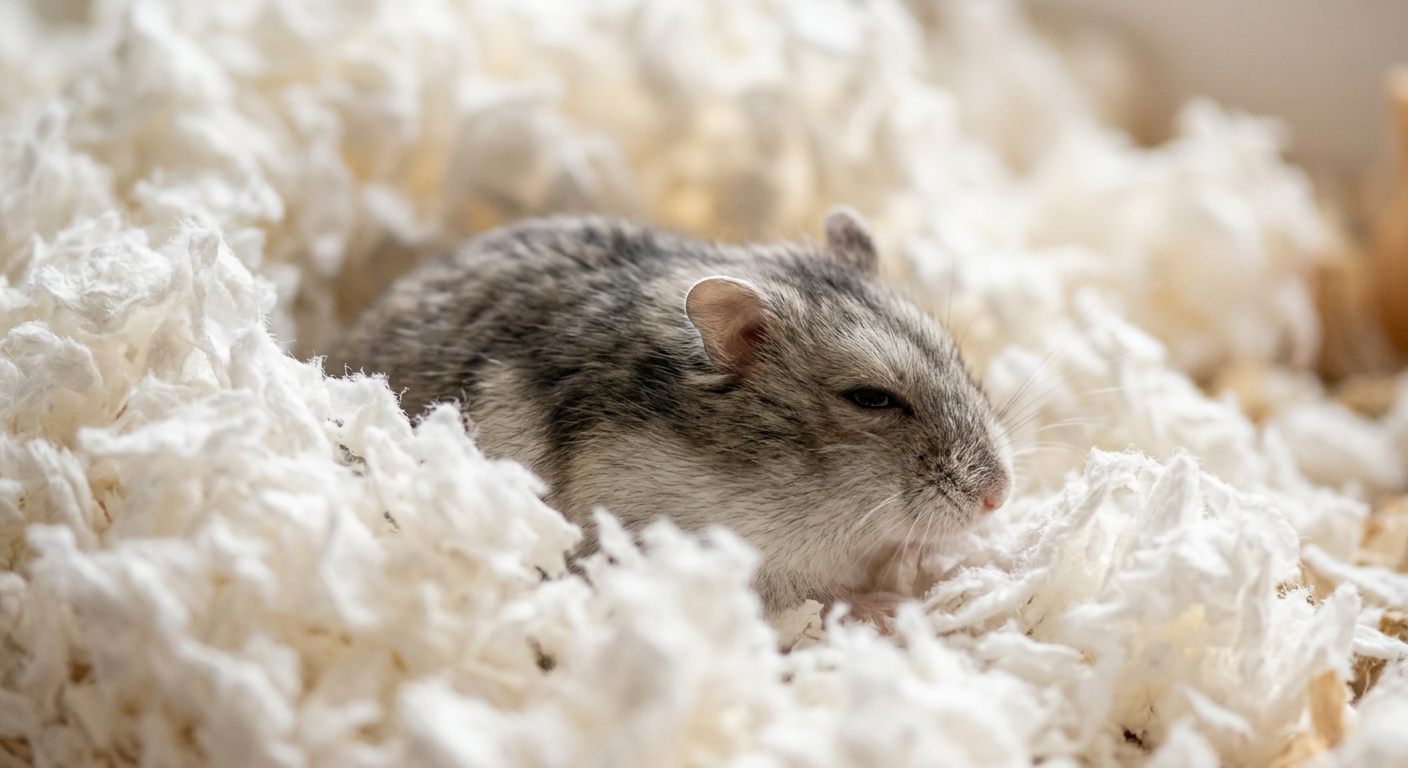 A dwarf hamster resting peacefully in a cozy nest of white paper bedding.