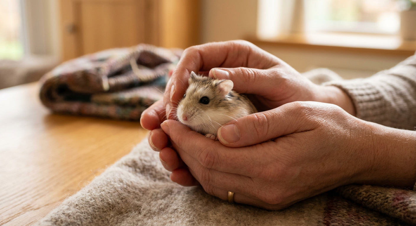 A small hamster being gently held in a person's hands for a wellness check.