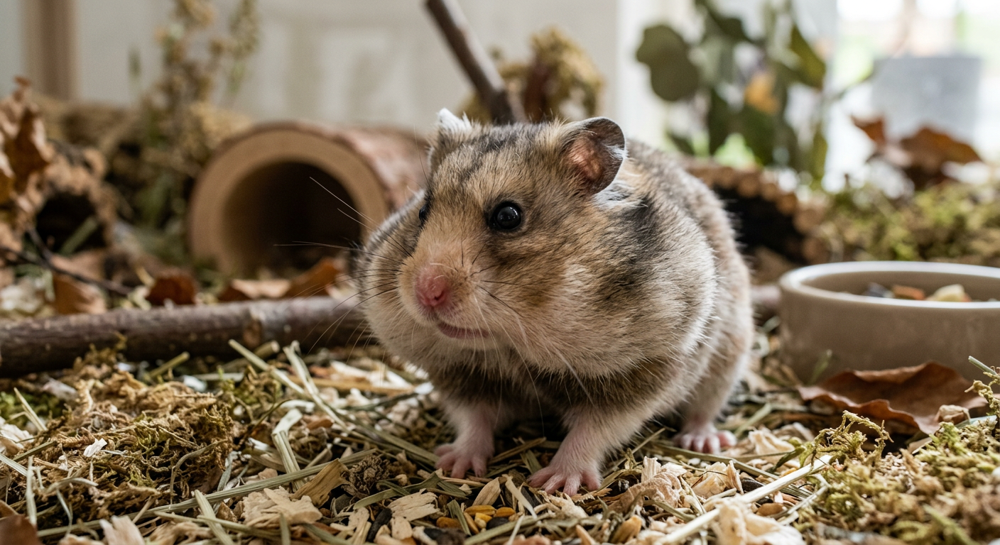 A Syrian hamster with very full cheek pouches sitting on a wooden platform.