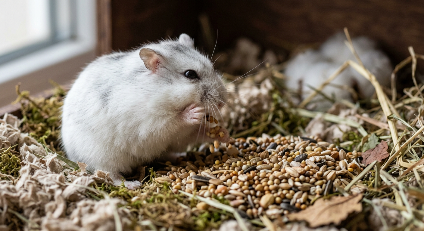 A dwarf hamster emptying seeds into a small pile inside a colorful plastic hideout.