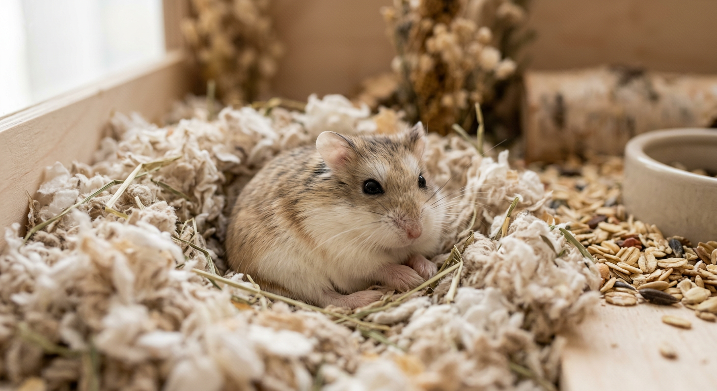 An adorable hamster sitting in a pile of soft white bedding looking content.