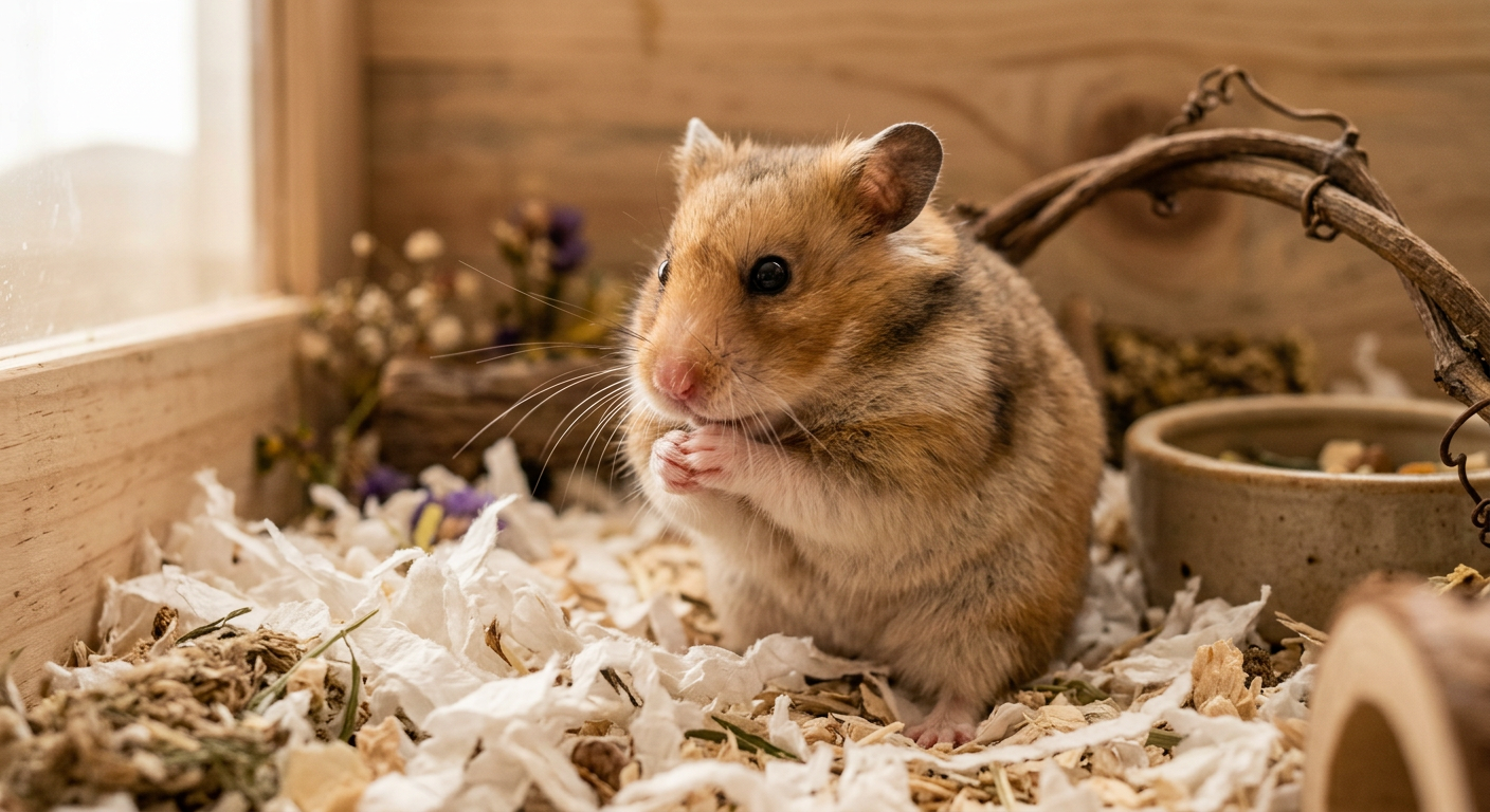 A Syrian hamster grooming its whiskers in a clean wooden habitat with soft bedding.