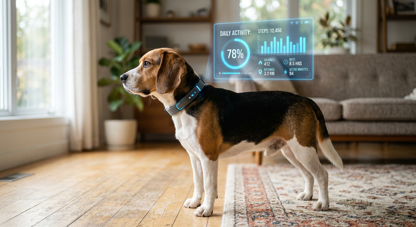 A Beagle wearing a smart collar while resting on a modern living room rug with a digital overlay of health stats.