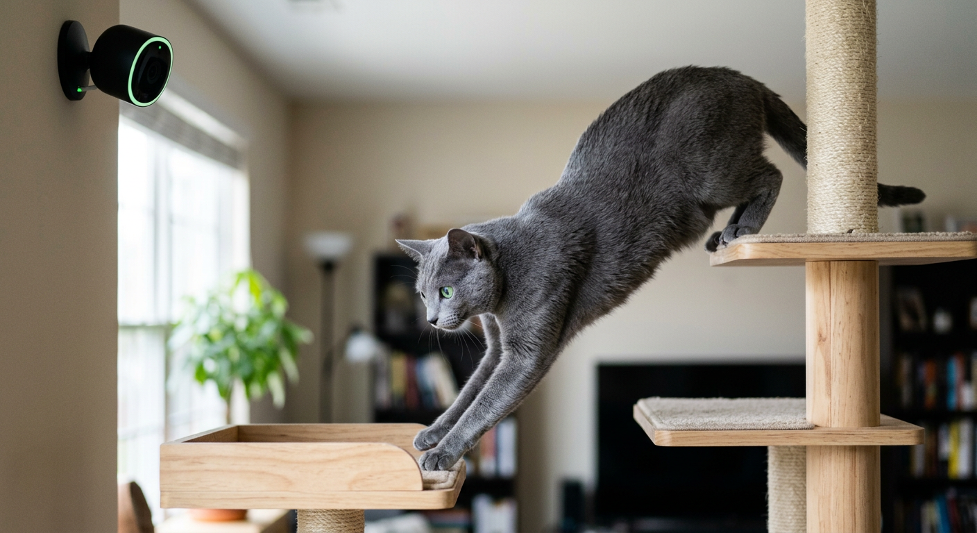 A Calico cat being observed by a smart home camera while jumping onto a cat tree.