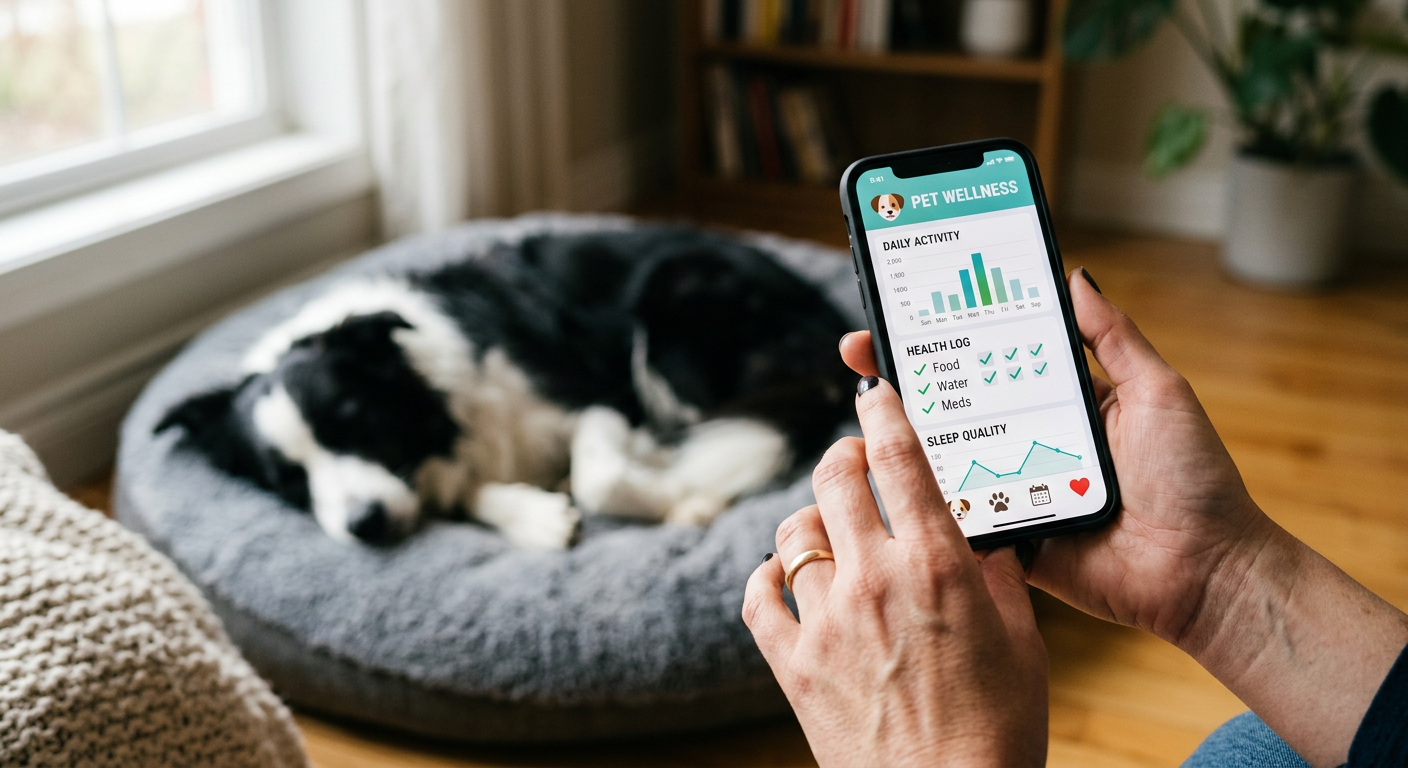 A person holding a smartphone showing a colorful pet activity app next to a sleeping Border Collie.