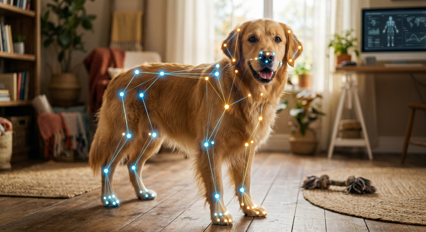 A digital overlay showing skeletal mapping and facial recognition points on a golden retriever dog.