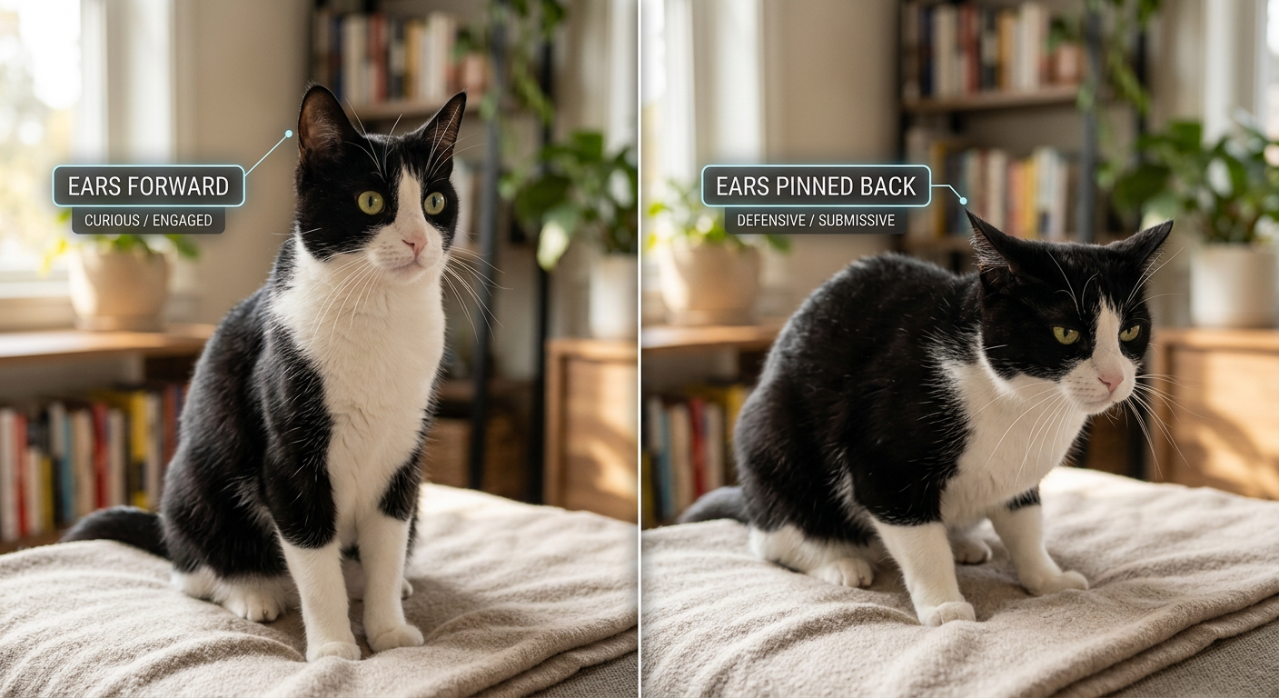 An infographic showing different cat ear positions and their digital emotional labels.