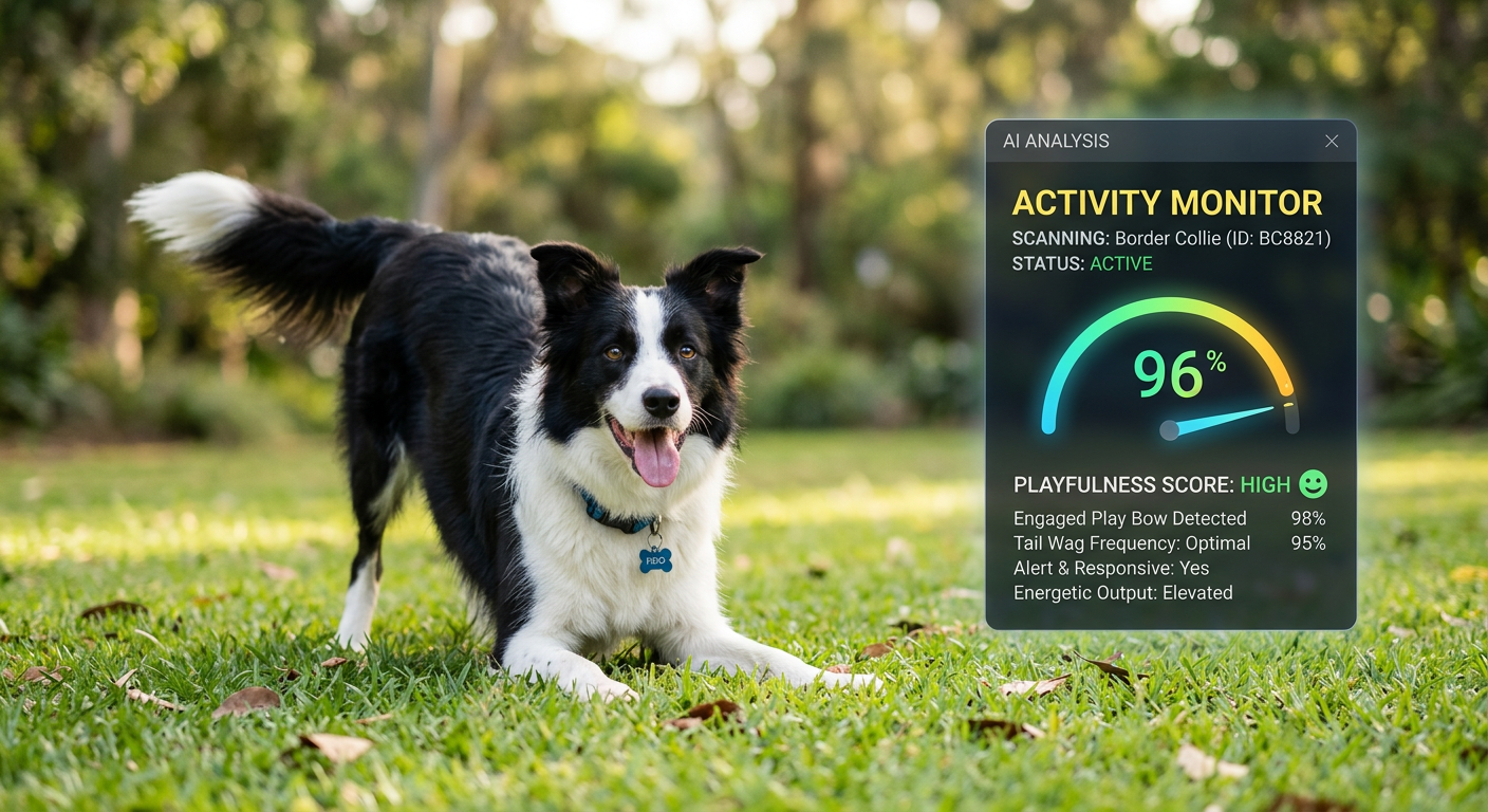 A dog in a play bow position with an AI analysis box highlighting its posture.