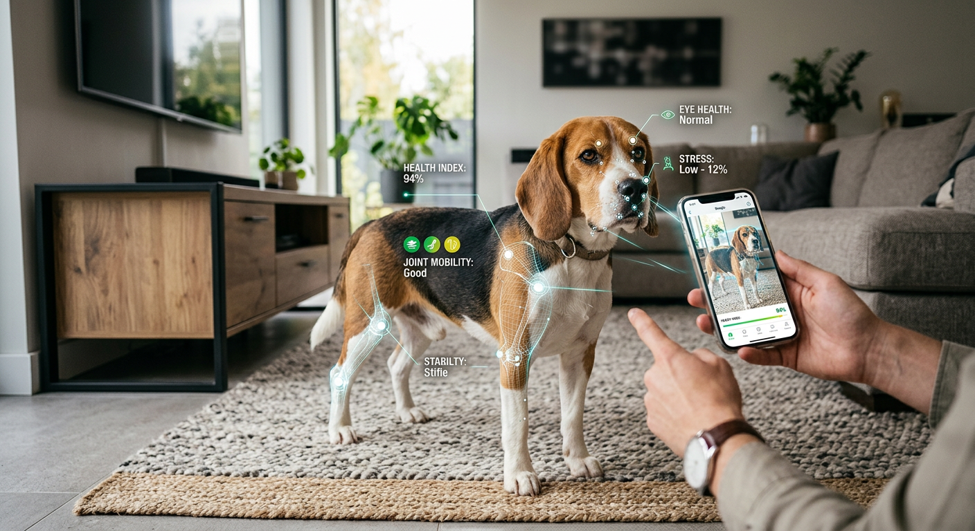 A person holding a smartphone to scan a Beagle dog to check for physical wellness indicators.