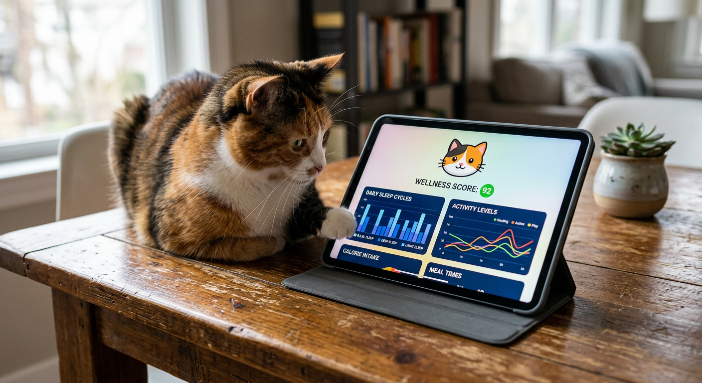 A digital dashboard on a tablet showing health trends and activity levels for a domestic cat.