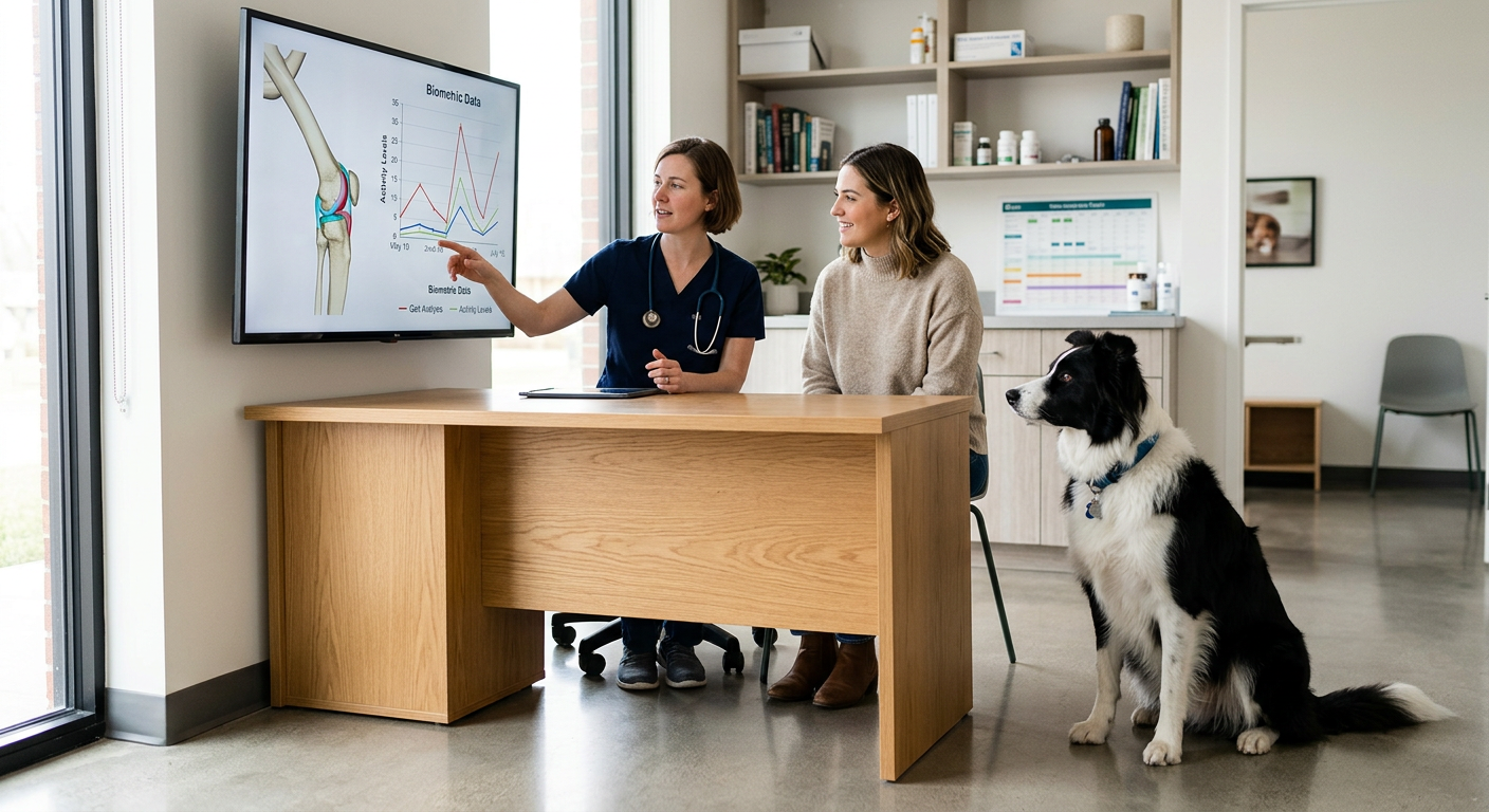 A futuristic vet clinic where a doctor reviews AI-generated data on a screen with a pet owner.