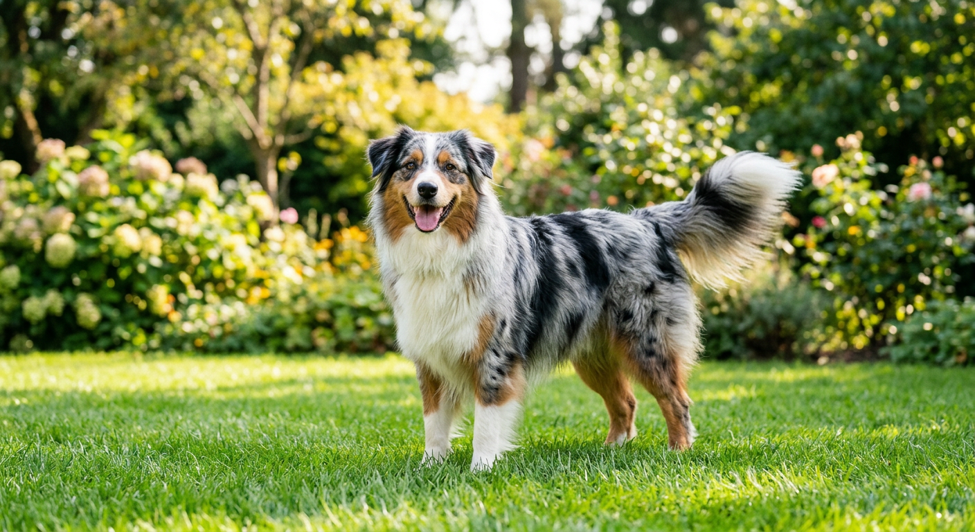A happy Australian Shepherd dog wagging its tail with a full body wiggle on a green lawn.