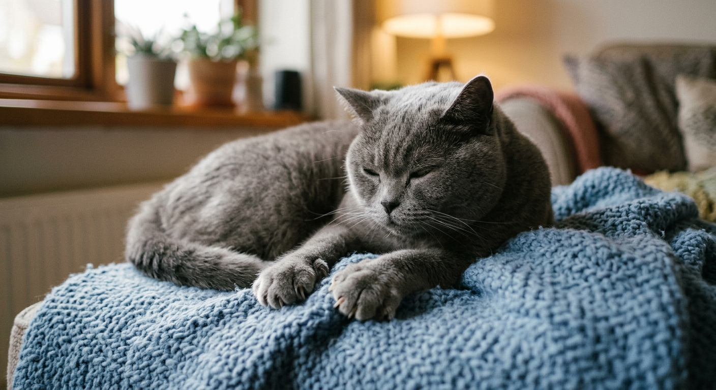 A fluffy British Shorthair cat kneading a soft blue blanket with a satisfied expression.