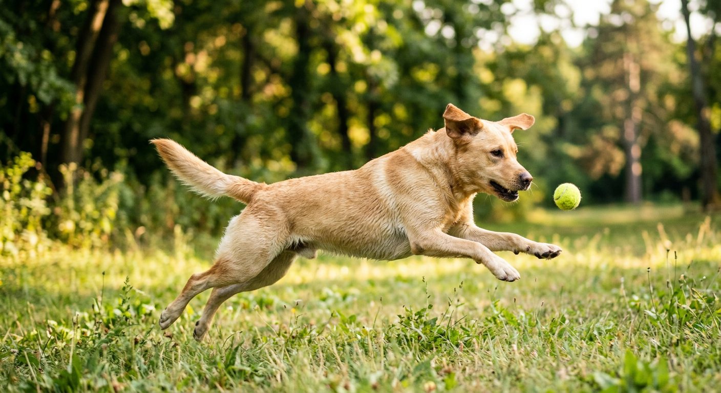 A yellow Labrador Retriever jumping happily to catch a ball in a park.