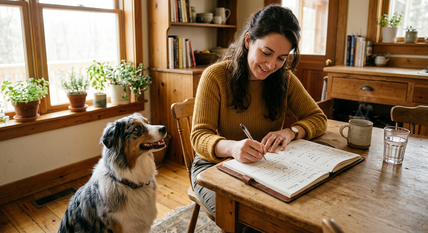 A focused pet owner writing notes in a journal while an Australian Shepherd sits calmly nearby.