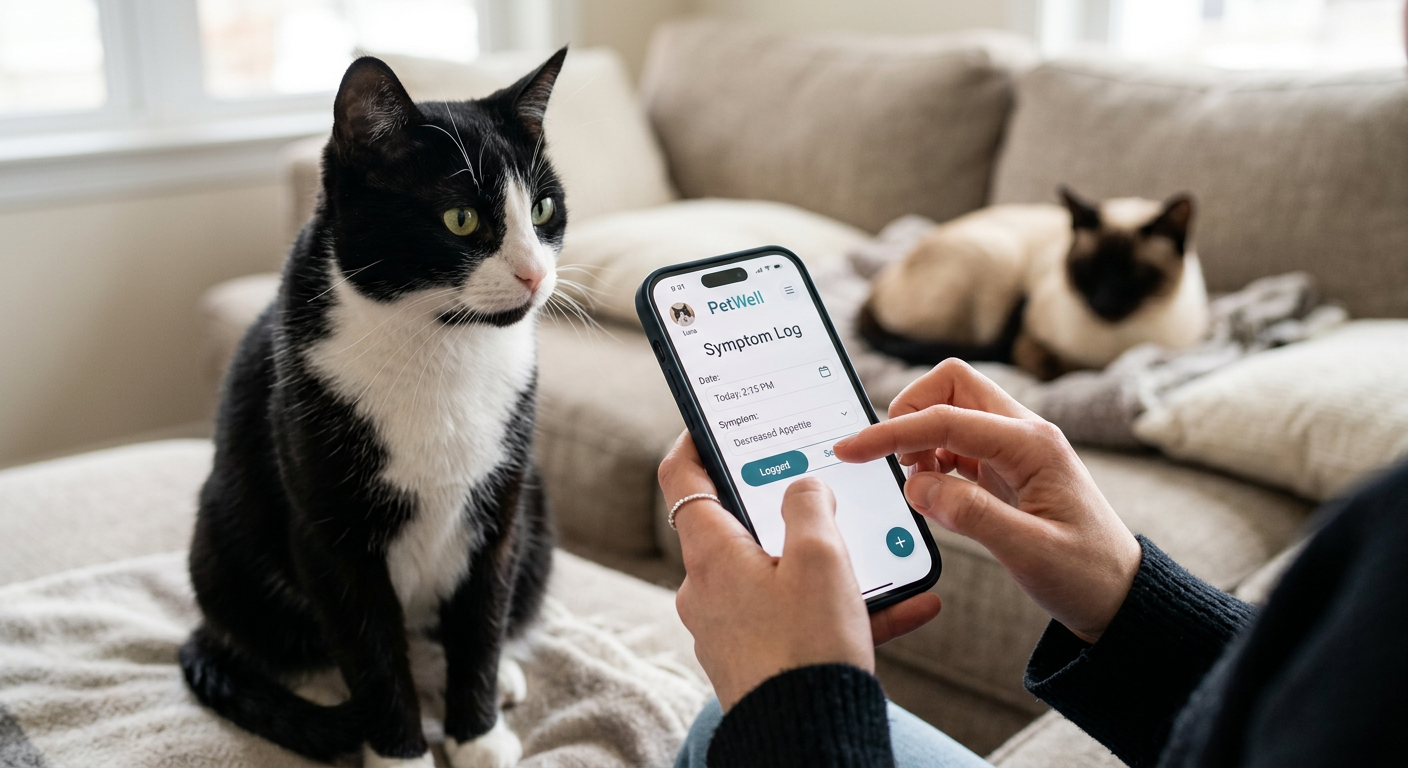 A person using a smartphone app to track symptoms for a Siamese cat resting on a sofa.