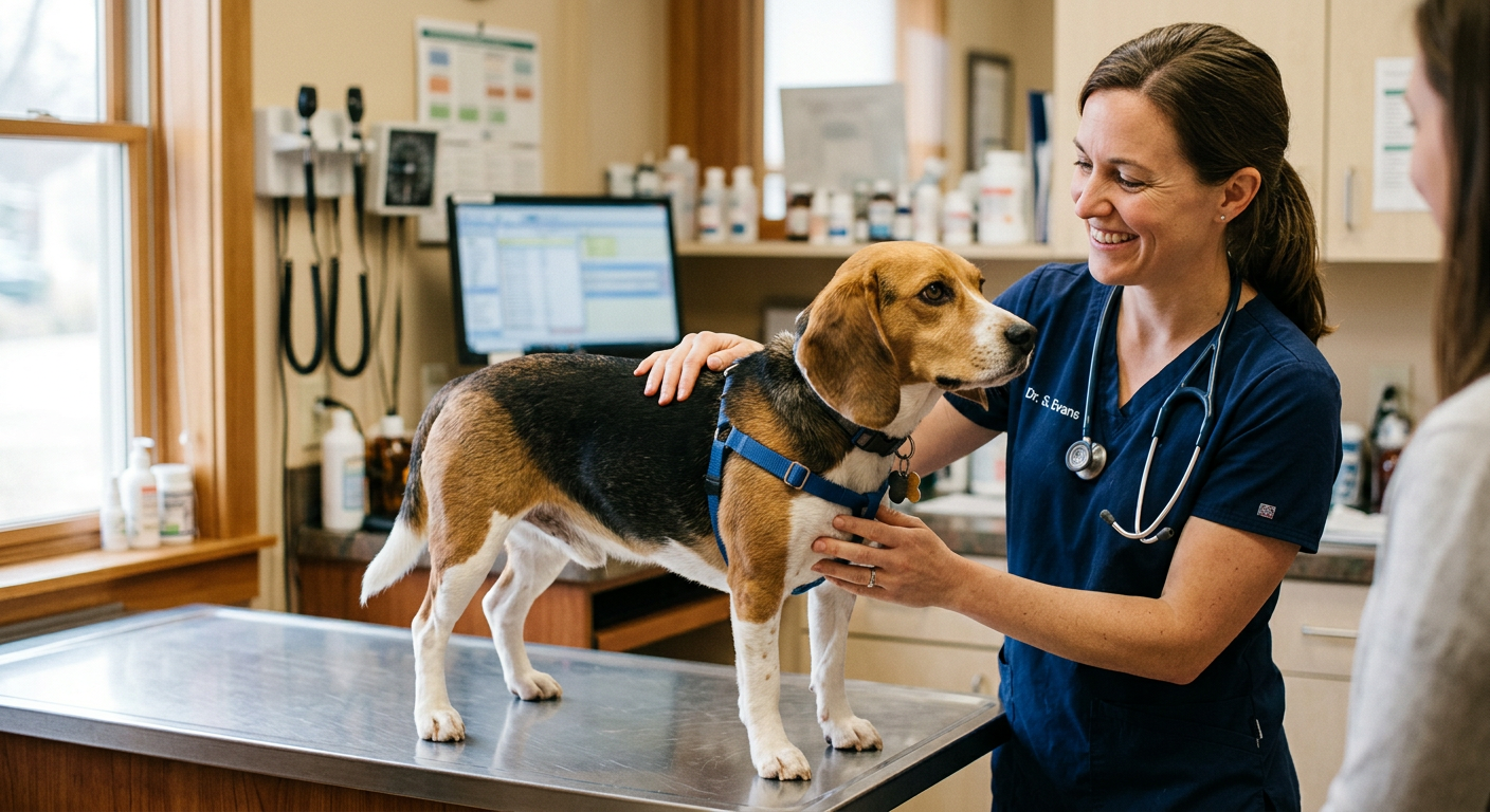 A friendly veterinarian listening to a pet owner while holding a small Beagle on an exam table.
