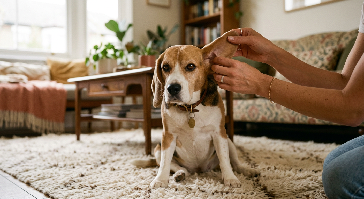 A calm Beagle sitting on a living room rug while its owner gently checks its ears and paws.