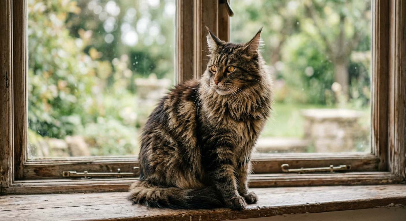 A fluffy Maine Coon cat looking out a window with a slightly hunched posture, indicating subtle discomfort.