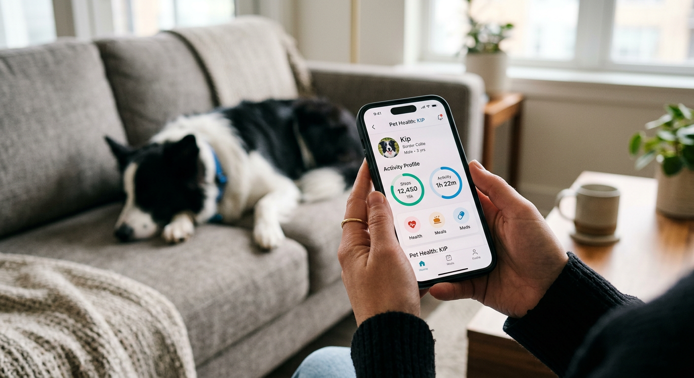 A person using a smartphone app to track the activity levels and symptoms of a Border Collie dog.