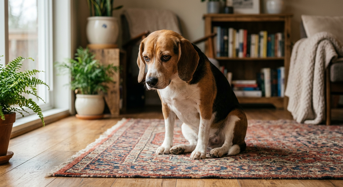 A worried Beagle sitting in a hunched position on a living room rug, showing signs of discomfort.