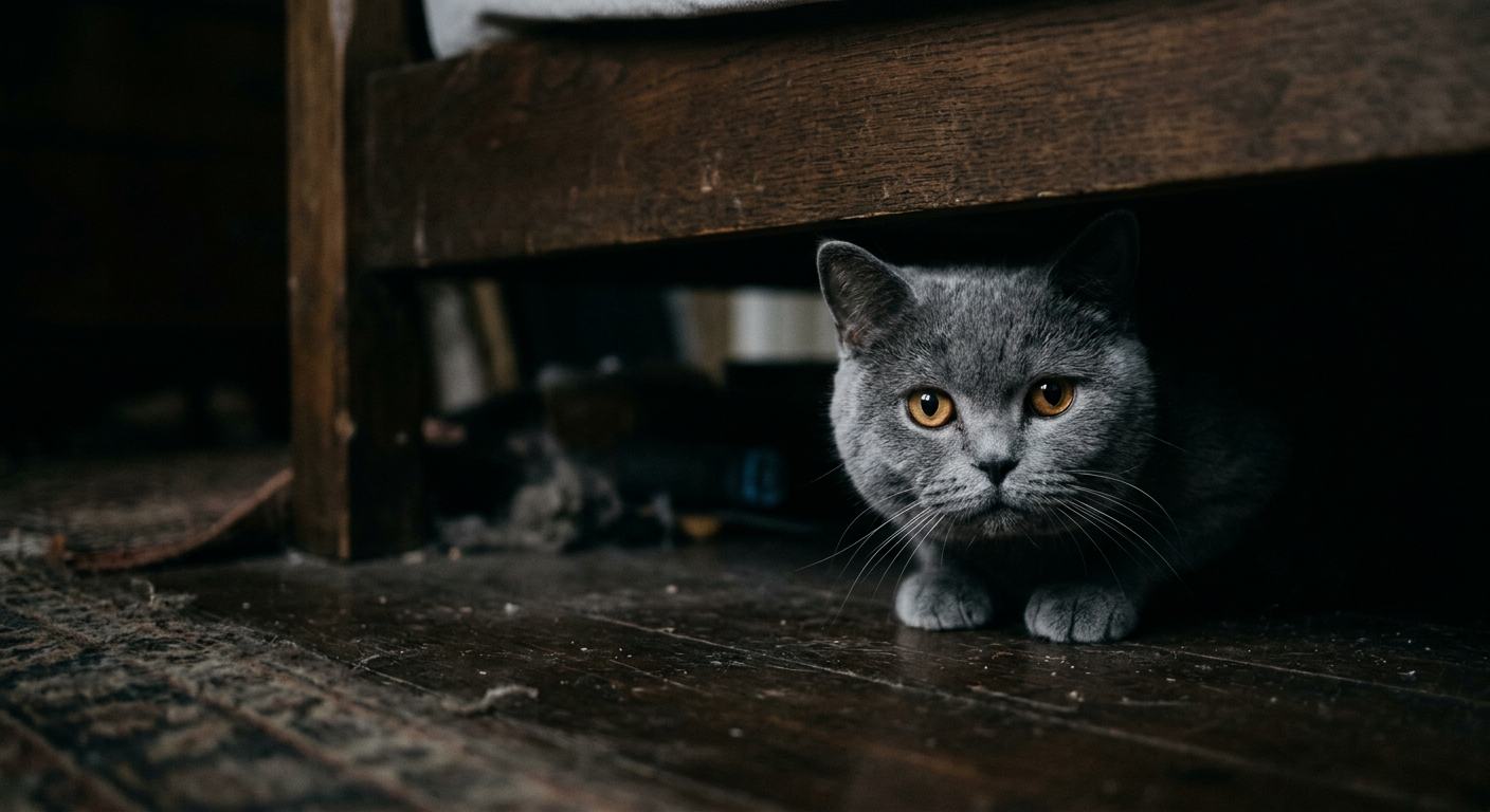 A grey tabby cat hiding under a wooden bed frame, looking out with wide, cautious eyes.