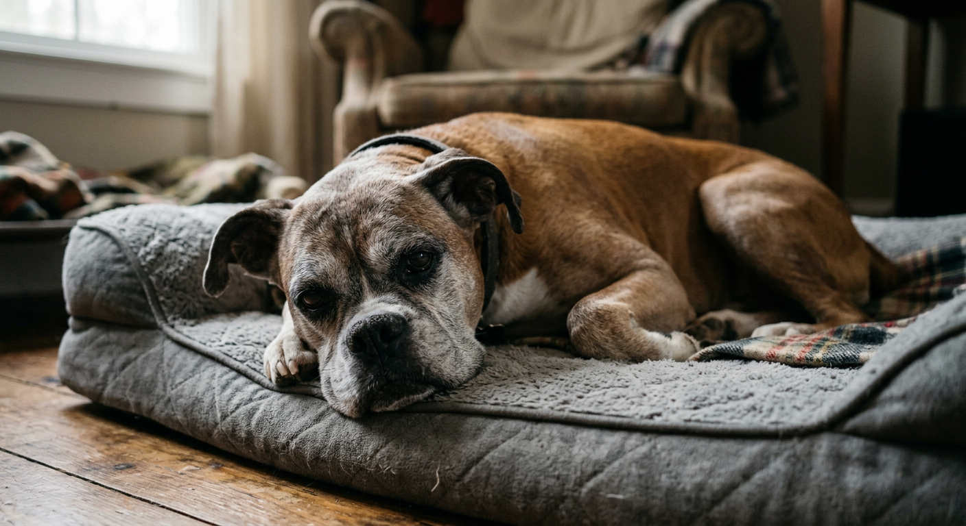 A senior Boxer dog lying on a soft orthopedic bed, looking tired with ears held flat.