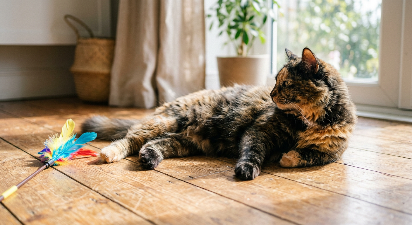 A tortoiseshell cat lying on its side next to a feather wand toy, looking away with relaxed ears.