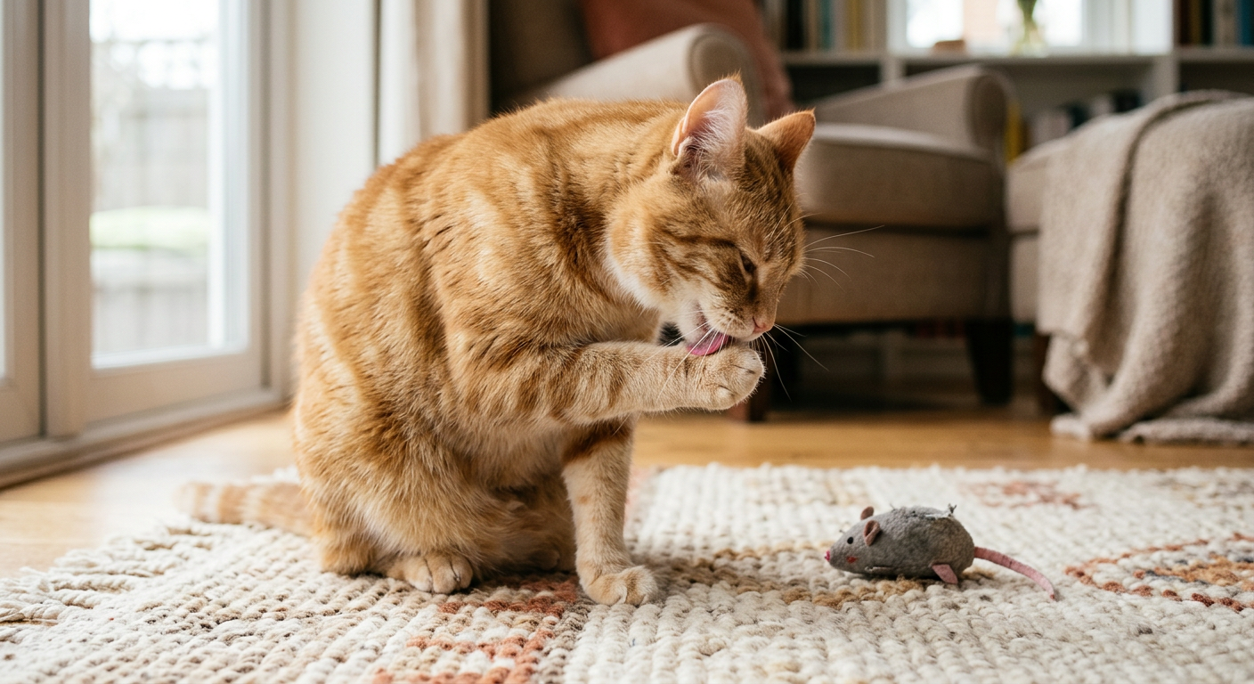 A fluffy ginger cat sitting and licking its paw after a play session.