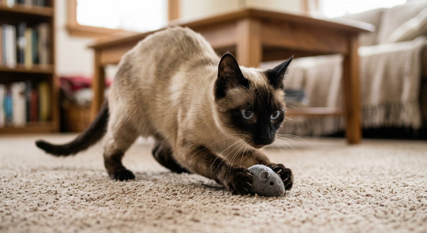 A Siamese cat pouncing on a toy mouse and holding it firmly with its front paws.