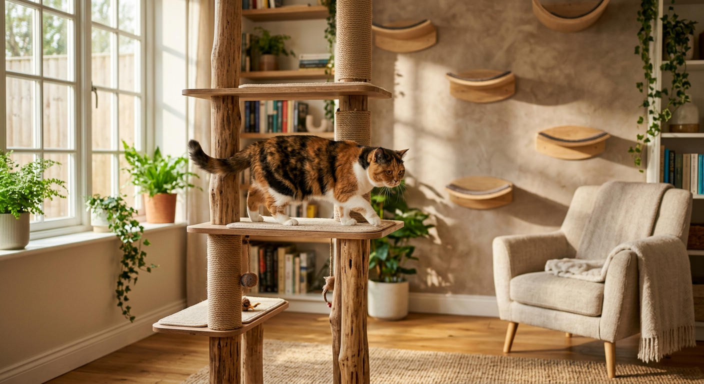 A calico cat exploring a vibrant indoor room with cat trees and wall shelves.