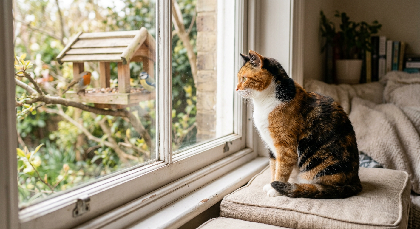 A Siamese cat sitting on a plush window perch looking at birds outside.