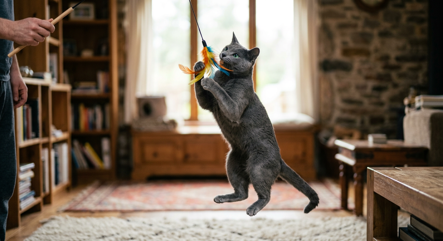 An Abyssinian cat playing with a wand toy held by a human hand.