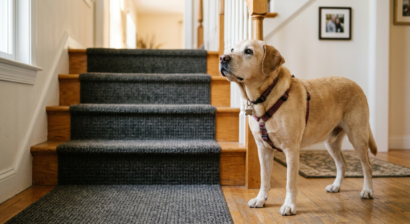 A senior yellow Labrador Retriever standing at the bottom of a staircase with a non-slip rug.