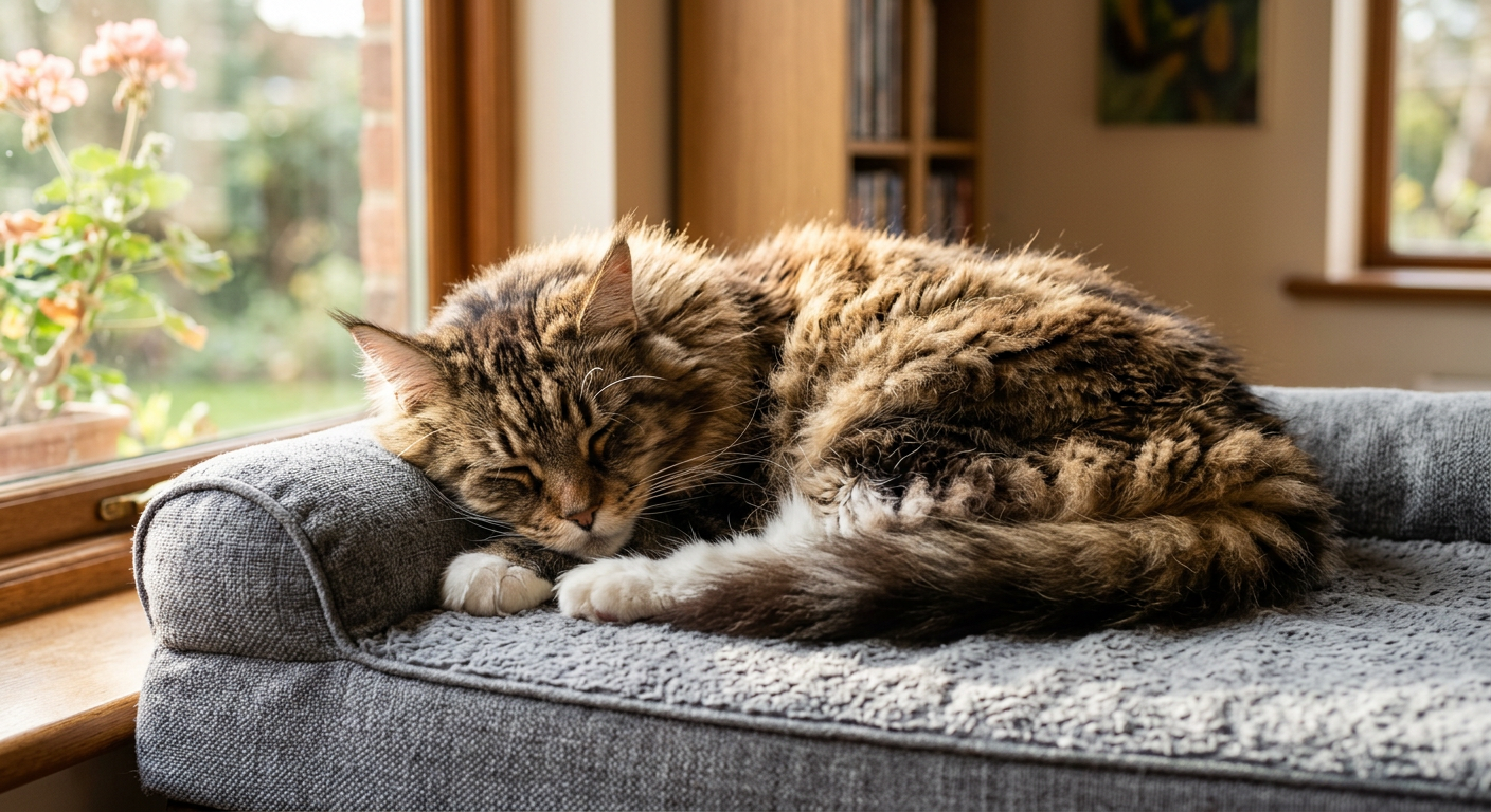 A senior Maine Coon cat resting comfortably on a thick orthopedic pet bed.