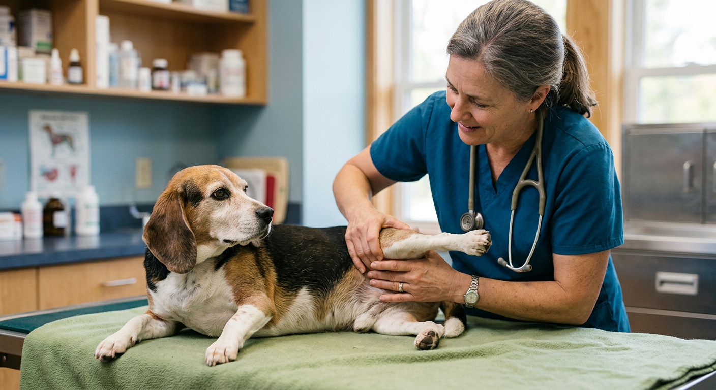 A veterinarian gently examining the hind legs of an older Beagle during a wellness check.