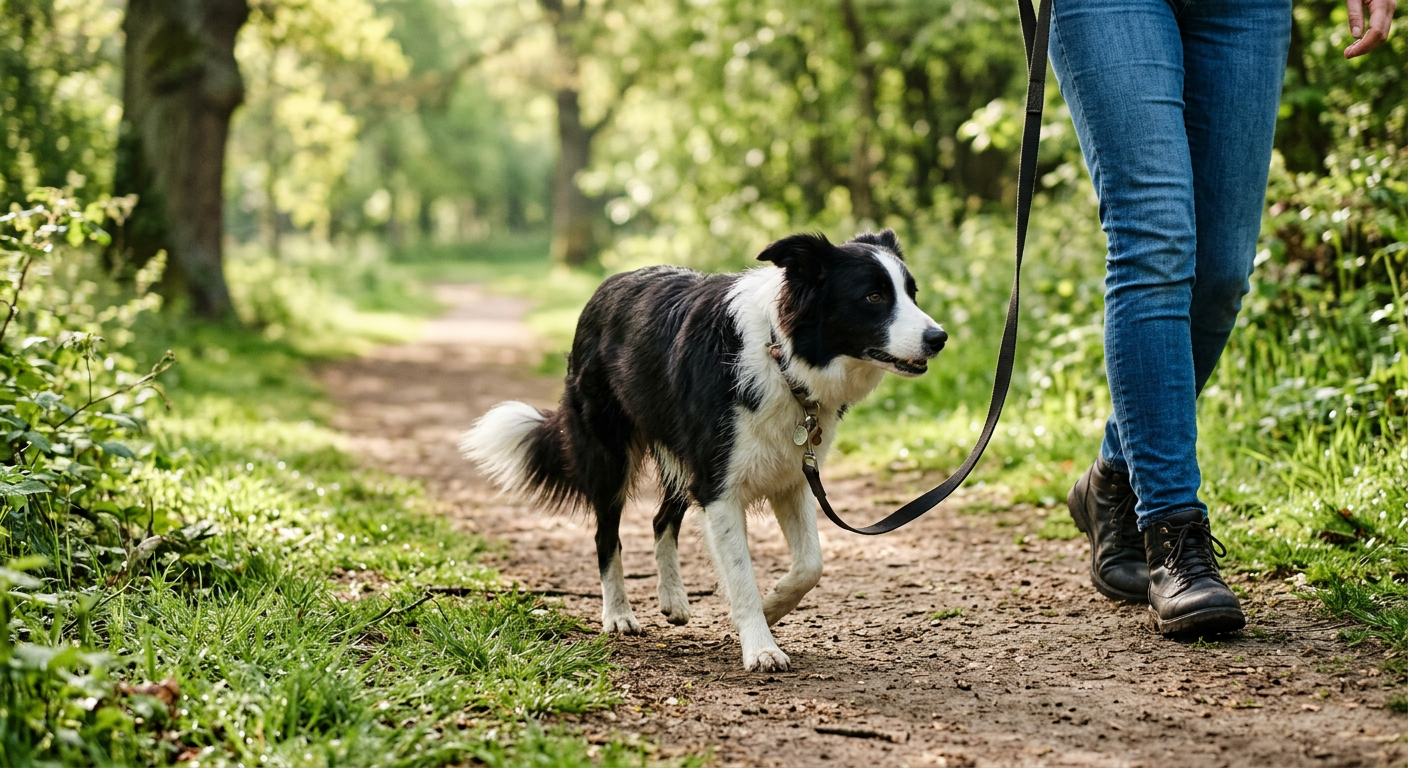 A happy Border Collie walking on a loose leash in a sunny park with its owner.
