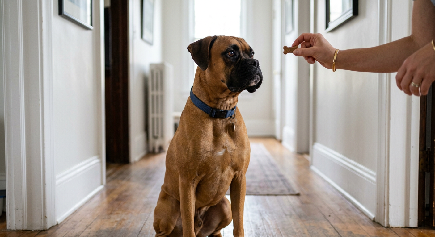 A person holding a treat for a Boxer dog to encourage focus during a training session.