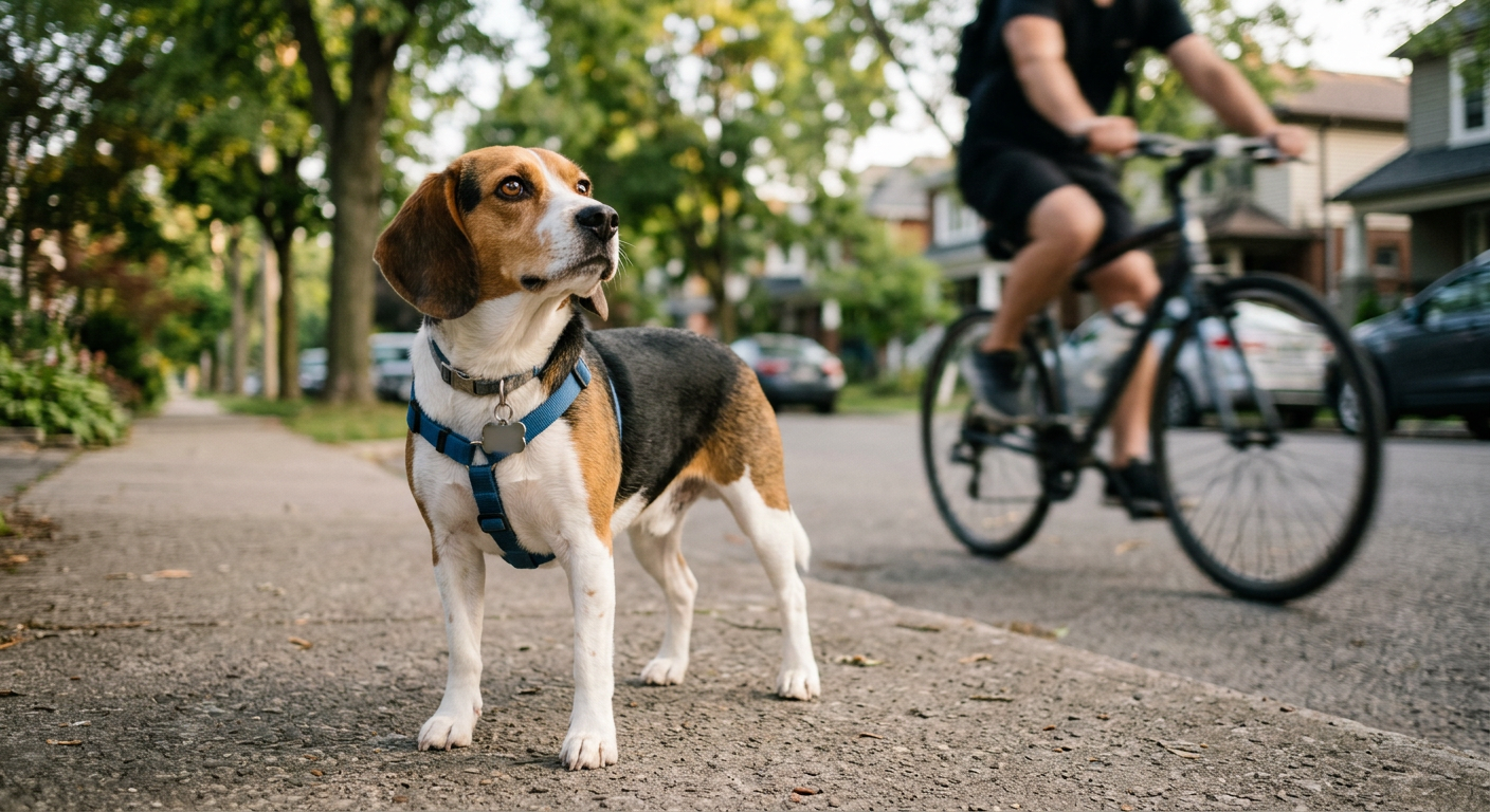 A Beagle looking at its owner while walking on a sidewalk with distractions nearby.