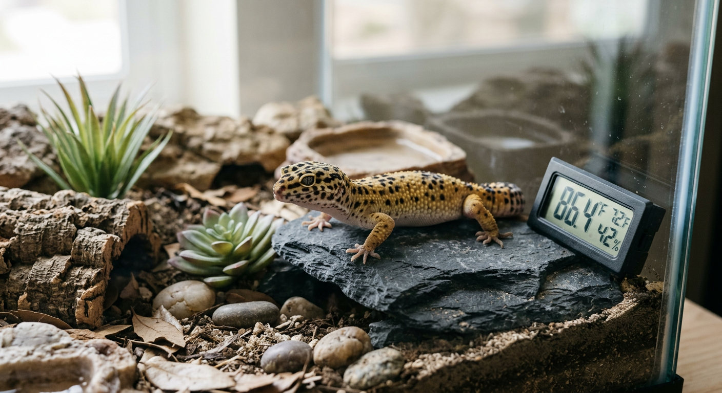 A leopard gecko resting in a desert-themed terrarium with a digital thermometer visible in the background.