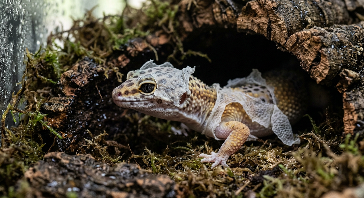 A leopard gecko with dull, pale skin beginning to shed its old skin near its head.