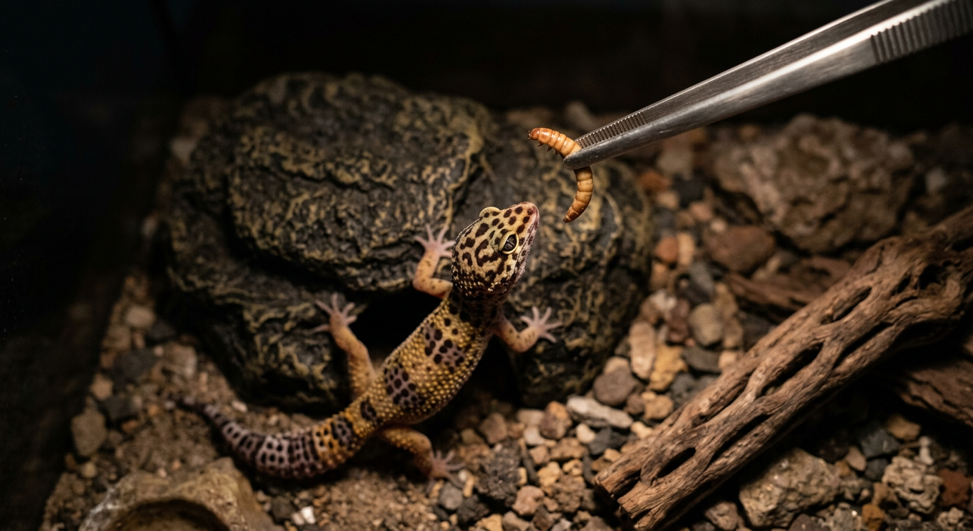 A person using tongs to offer a small dubia roach to a leopard gecko in a terrarium.