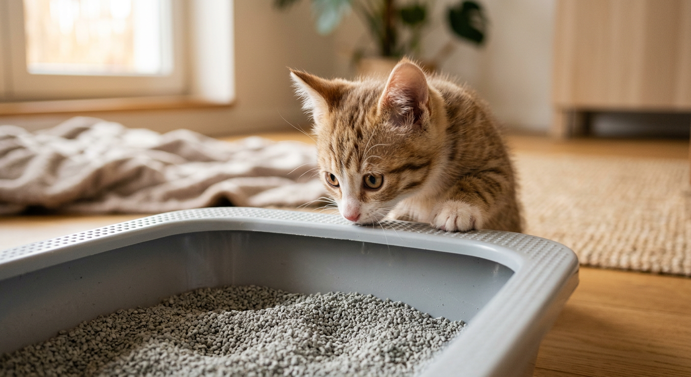 A young kitten curiously inspecting a clean, blue litter box in a quiet room corner.
