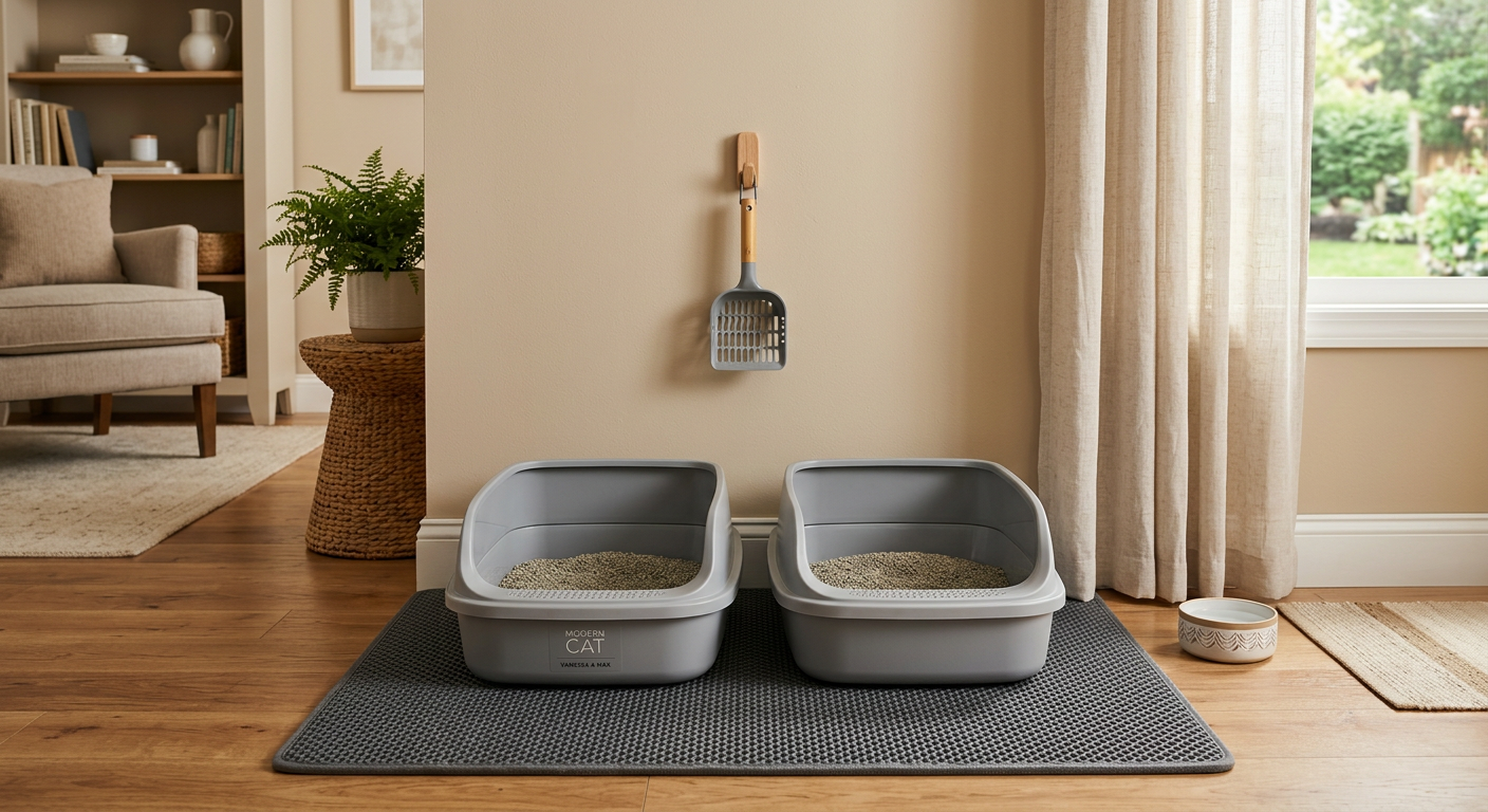 An organized pet station featuring two litter boxes and a mat on a tiled floor.