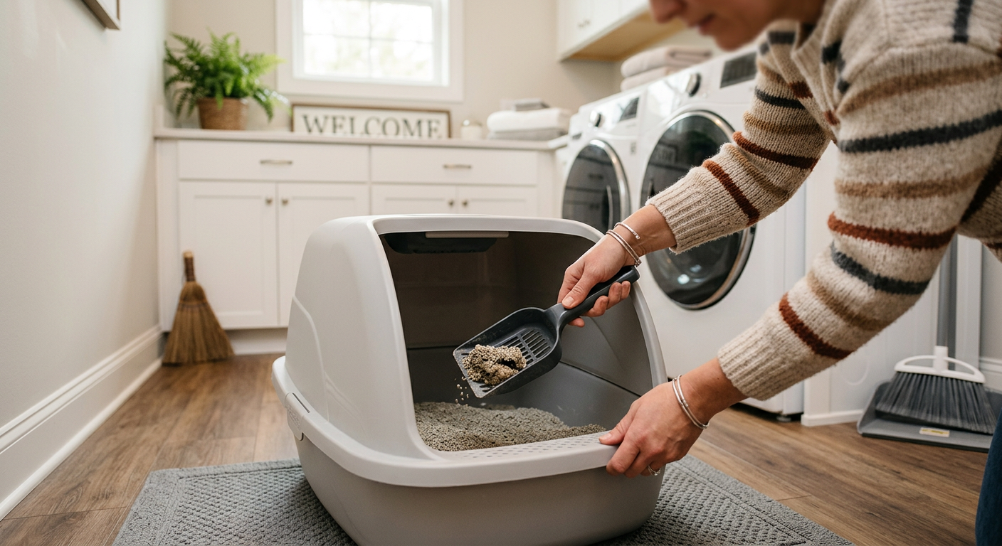 A person wearing gloves scooping a litter box to maintain cleanliness for their cat.