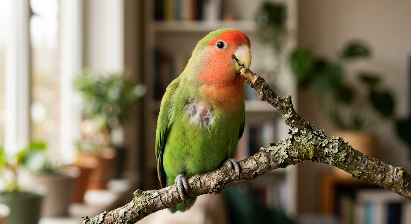 A peach-faced lovebird sitting on a wooden perch with a visible bare patch on its chest feathers.