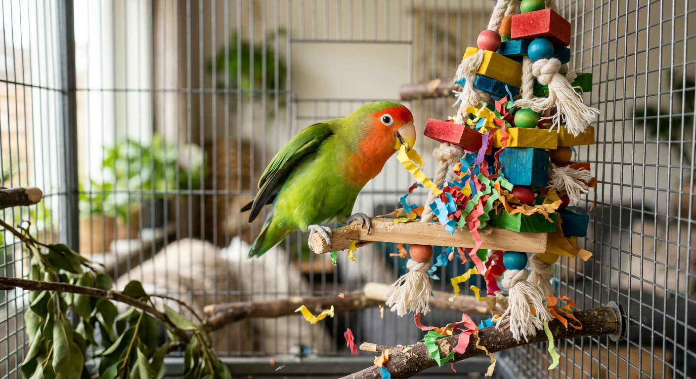 A colorful lovebird interacting with a colorful wooden foraging toy in a clean cage.
